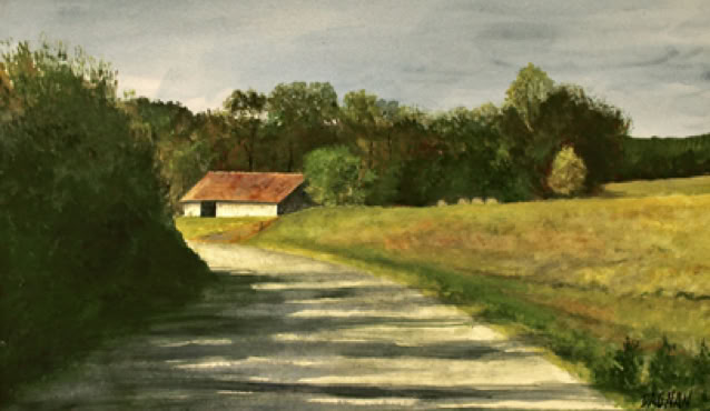 Watercolor Landscape painting of Barn and Road by Gary Dagnan